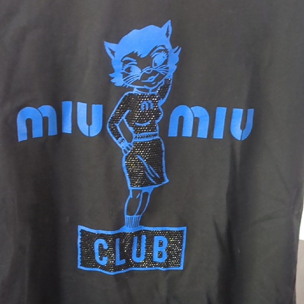 Miu Miu Black Tee with Blue Cat Graphic